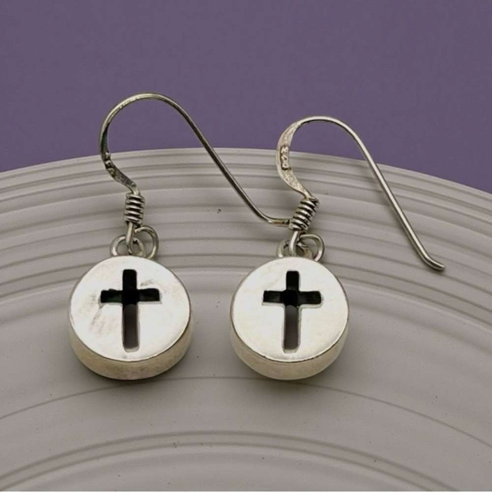 Vintage Dainty Sterling Silver Cross Dangle Pierced Earrings Nice
